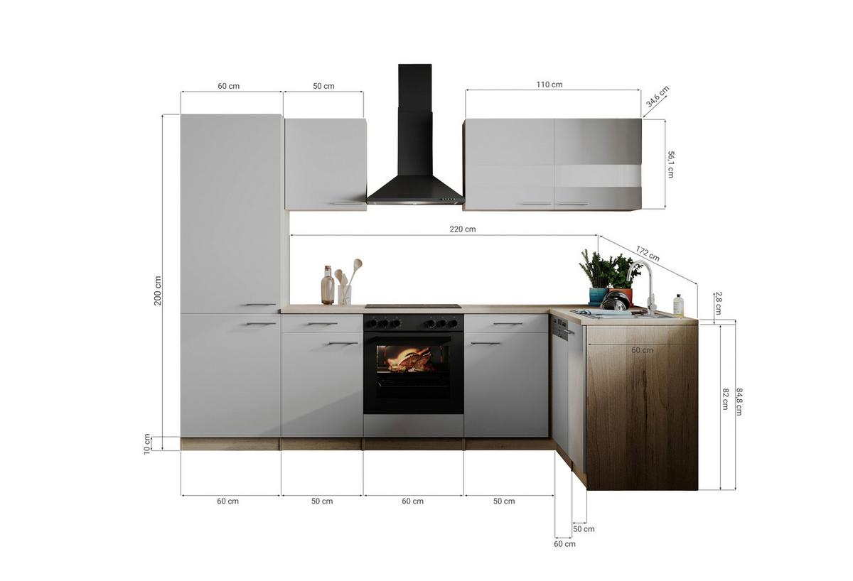 Eckküche Merle m. Geräten ca. 280x172cm Weiß - Edelstahlfarben/Eichefarben, Basics, Holzwerkstoff/Metall (280/172cm) - Respekta