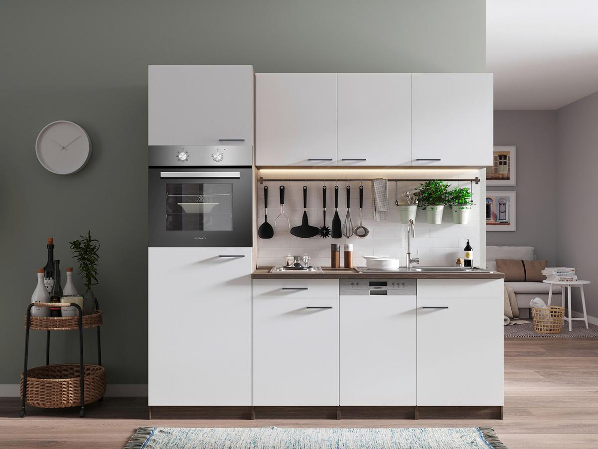 Küchenblock Oliver mit Geräten ca. 205 cm Weiß - Eichefarben/Alufarben, Basics, Holzwerkstoff/Kunststoff (205cm) - Respekta