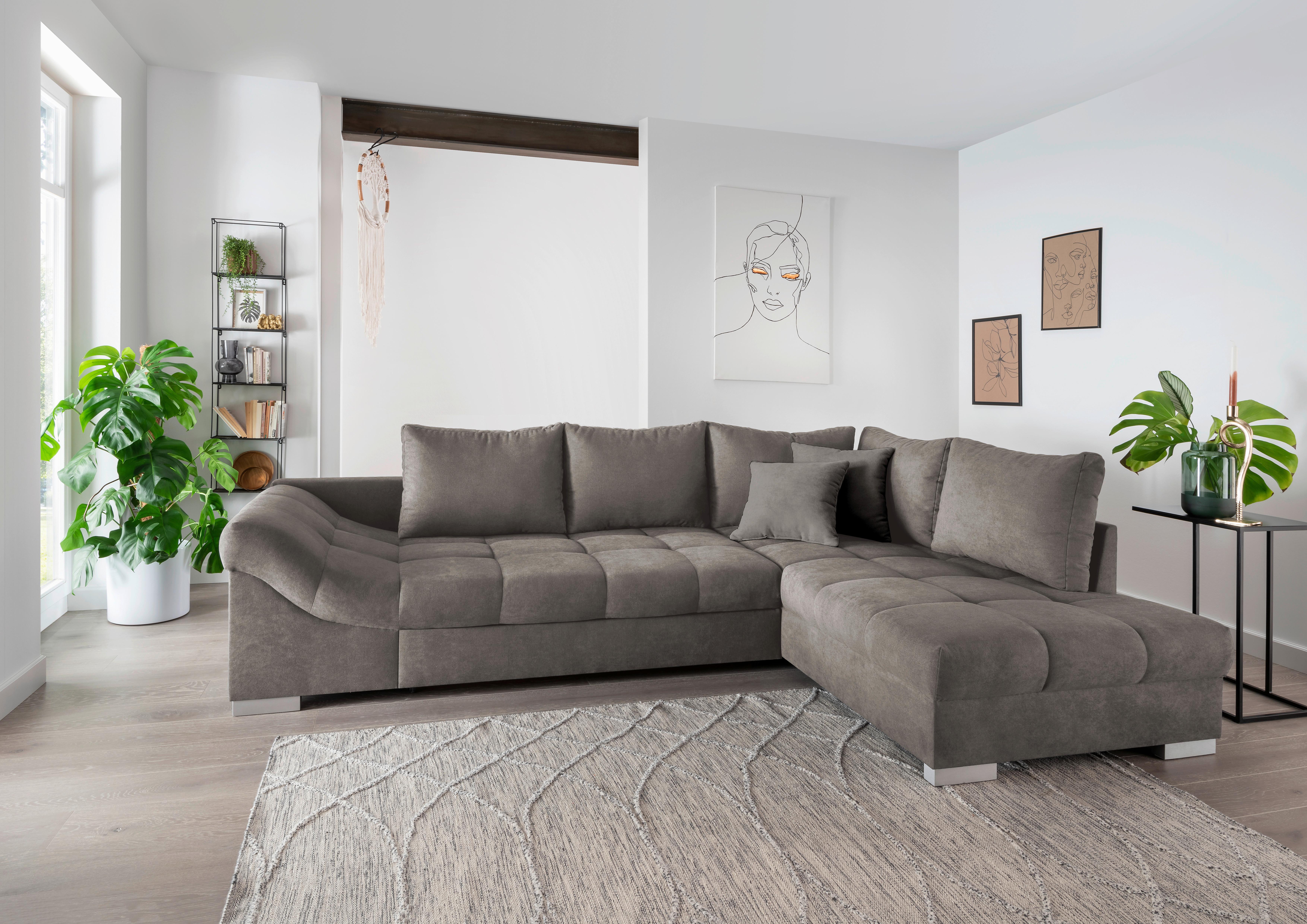 Wohnlandschaft Alvito Graubraun Nylon/Mikrofaser - Graubraun/Silberfarben, Design, Holz/Textil (298/202cm) - MID.YOU