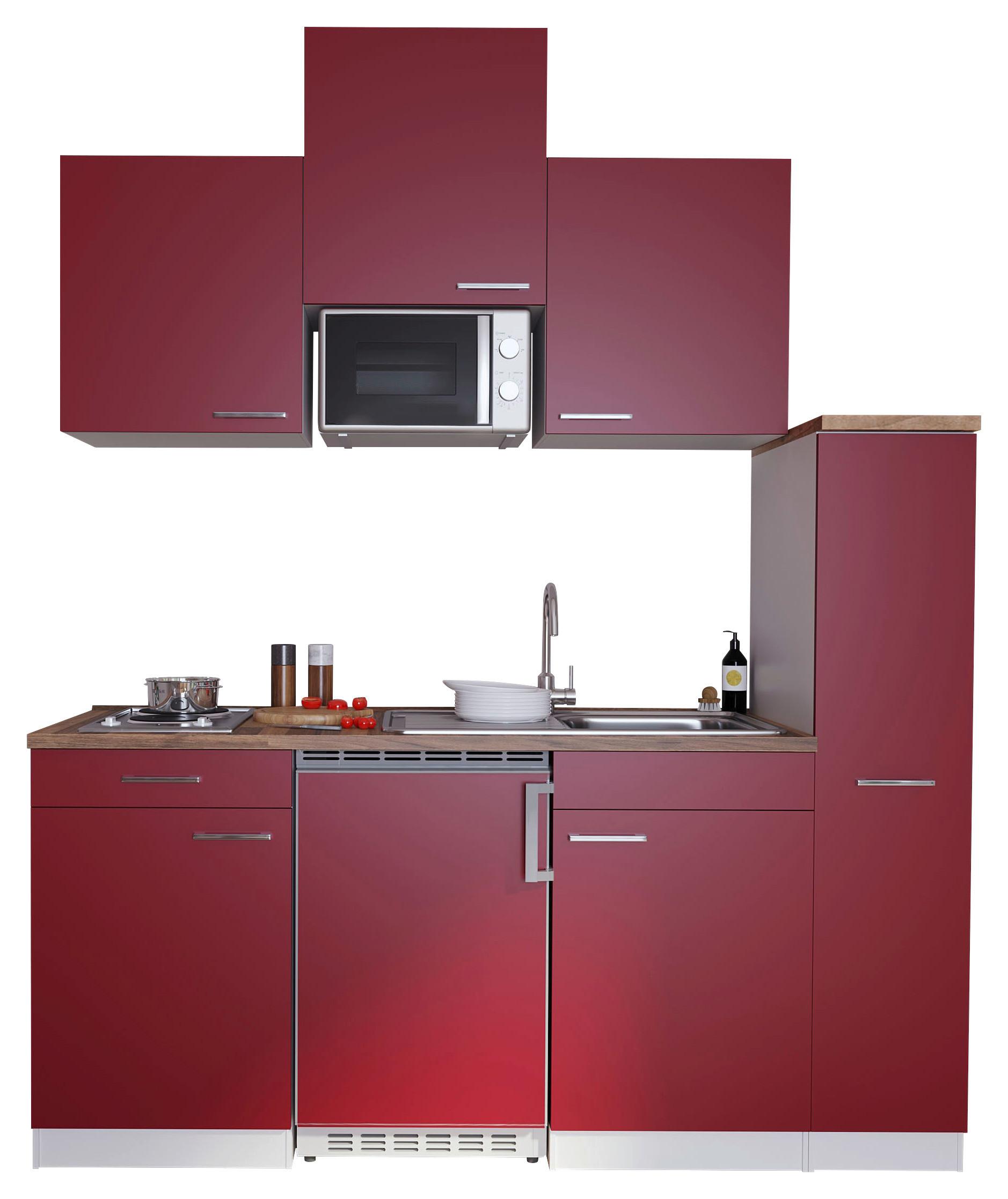 Küchenzeile Economy m. Geräte Rot/Nussbaum B: ca. 180 cm - Rot/Nussbaumfarben, Basics, Holzwerkstoff/Kunststoff (180cm) - Respekta