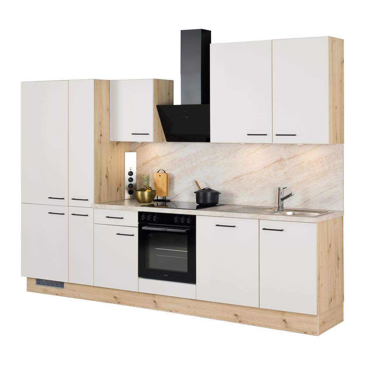 Küchenblock IP1200 o. Geräte Weiß/Eiche - Eichefarben/Schwarz, MODERN, Holzwerkstoff/Metall (310cm) - Impuls