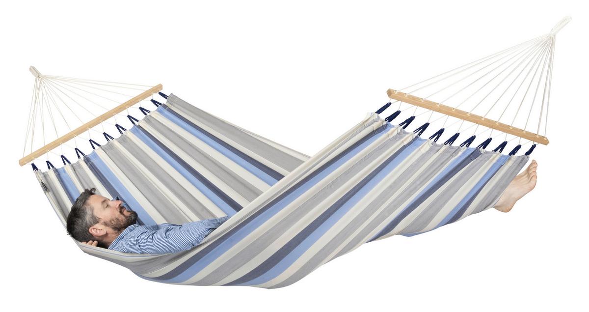 Hängematte Single Bar Hammock Outdoor Weiß/Blau - Weiß/Dunkelblau, KONVENTIONELL, Holz/Textil (140/300cm) - La Siesta