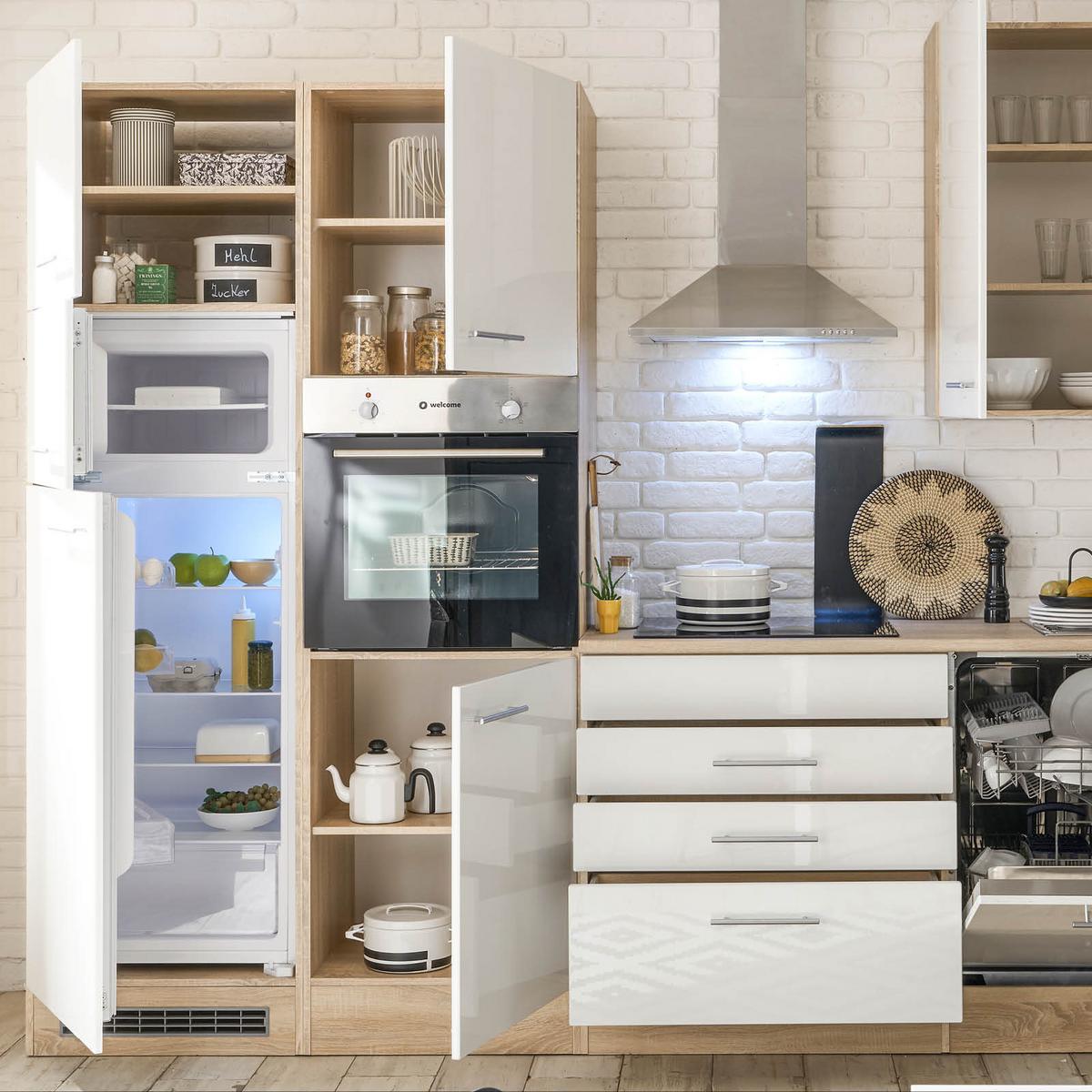 Küchenblock Laurel mit Geräten ca. 310 cm Weiß/Eiche - Silberfarben/Weiß, MODERN, Holzwerkstoff/Metall (310cm) - P & B