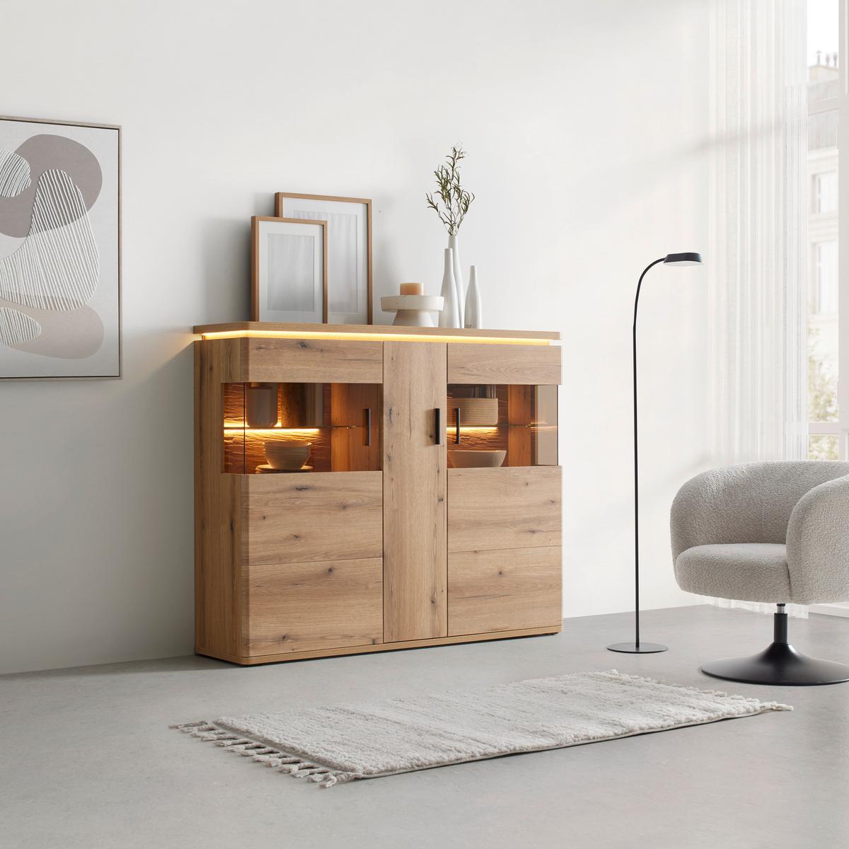 Highboard Alameda Eichefarben - Eichefarben/Anthrazit, Modern, Glas/Holzwerkstoff (150/124/38cm) - Mömax