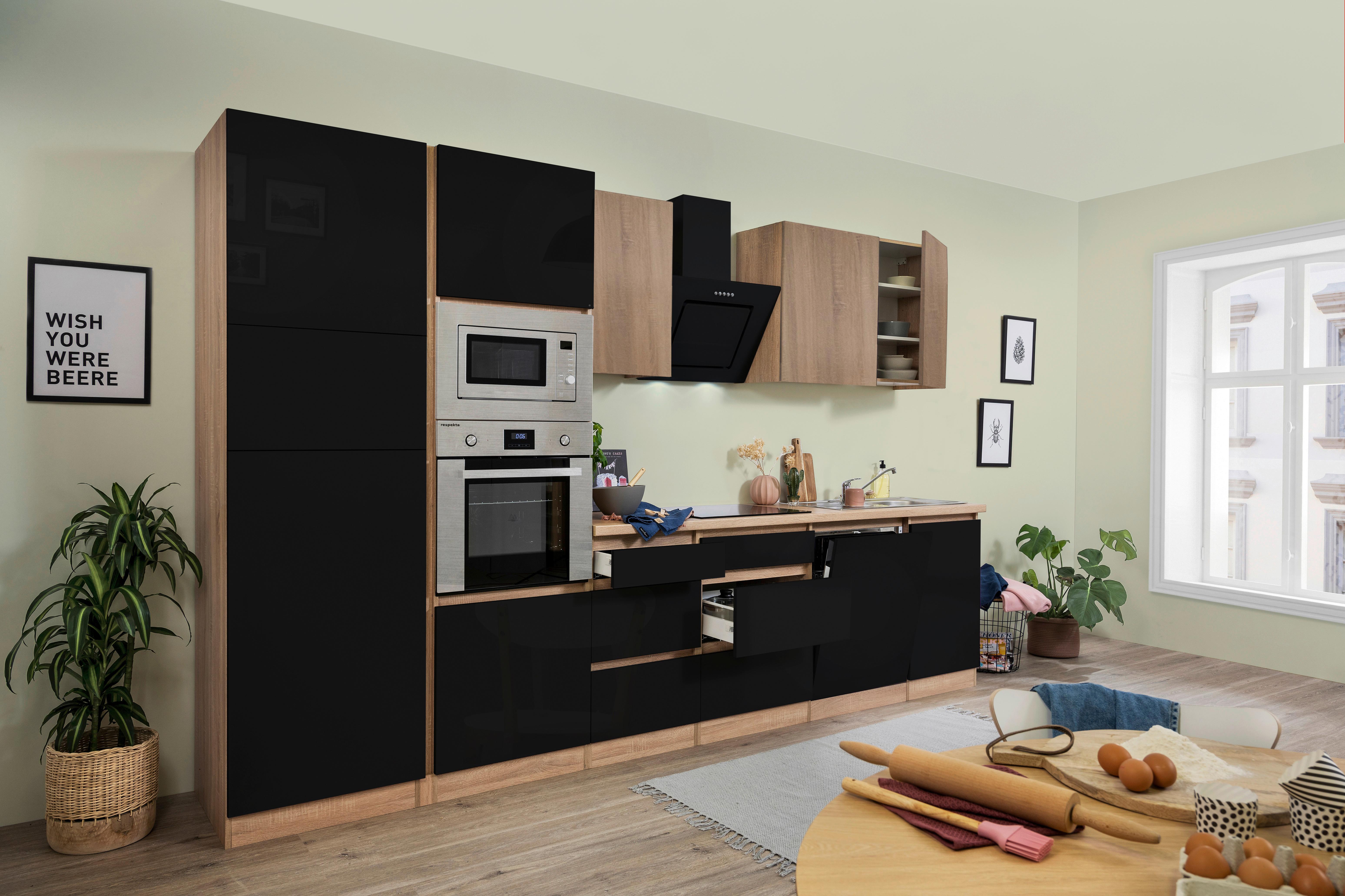 Küchenzeile Premium m. Geräte Schwarz/Eiche B: ca. 345 cm - Schwarz Hochglanz/Eichefarben, Basics, Holzwerkstoff (345cm) - Respekta