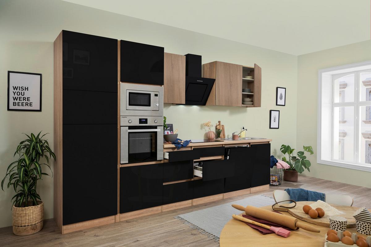 Küchenzeile Premium m. Geräte Schwarz/Eiche B: ca. 345 cm - Schwarz Hochglanz/Eichefarben, Basics, Holzwerkstoff (345cm) - Respekta
