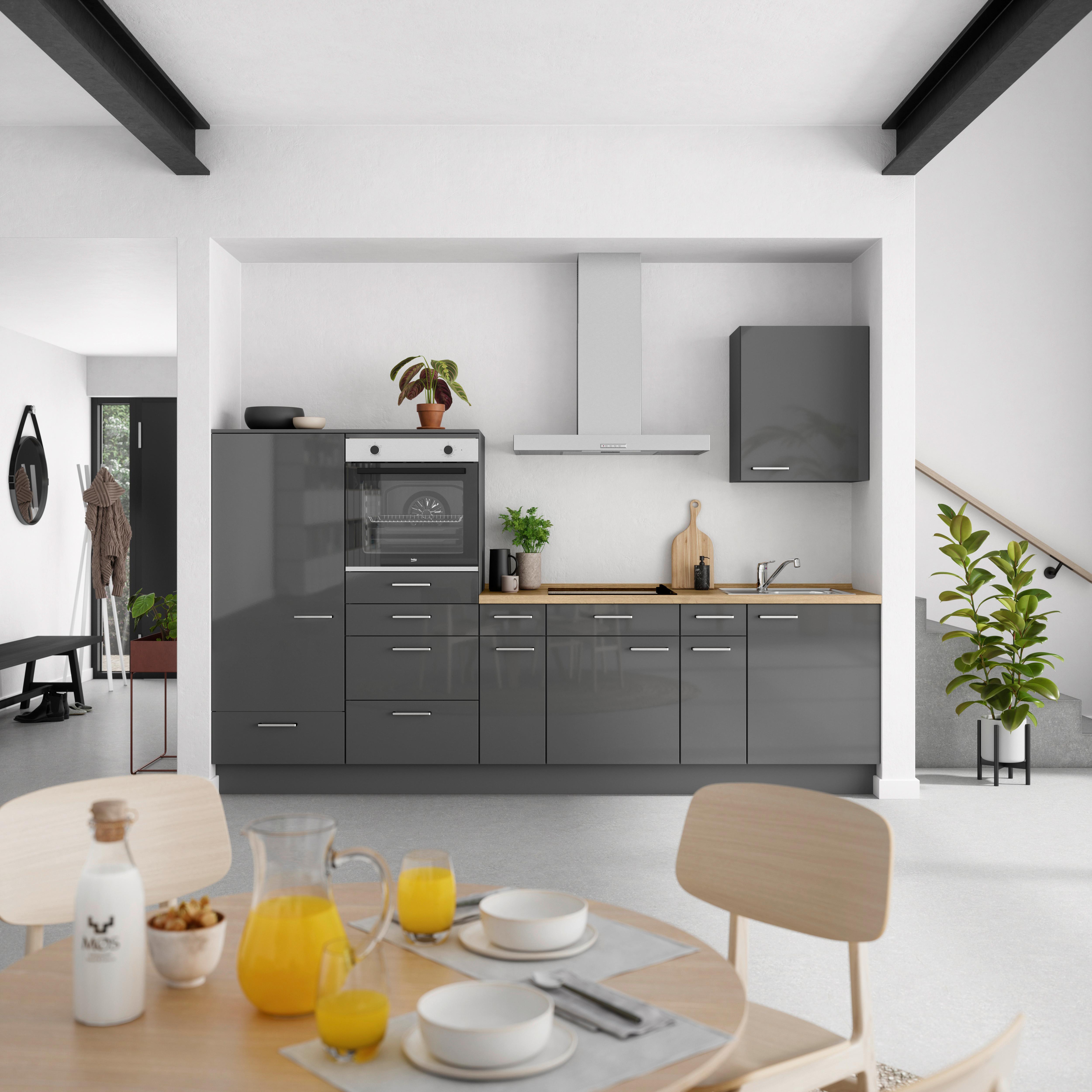 Küchenblock Flash Low m. Geräten Schieferfarben - Schieferfarben/Edelstahlfarben, MODERN, Holzwerkstoff/Metall (300cm) - Nobilia