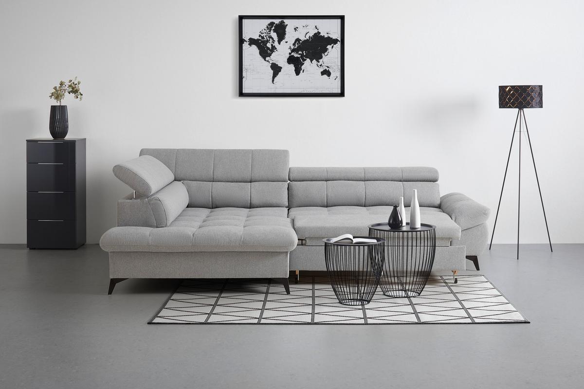 Wohnlandschaft Alberto Hellgrau mit Bettfunktion - Hellgrau/Schwarz, MODERN, Textil/Metall (201/296cm) - Mömax