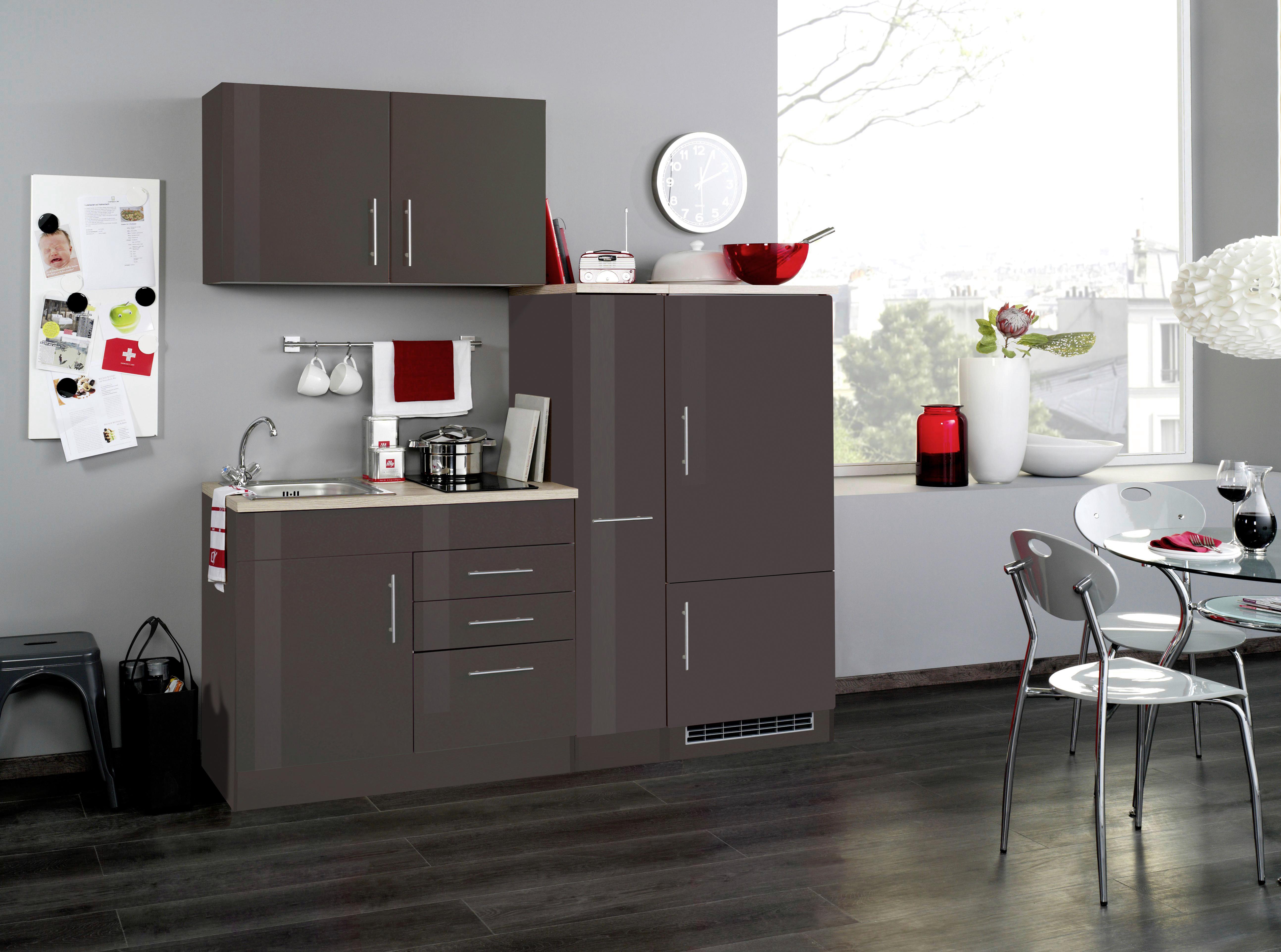 Küchenblock Toronto II m. Geräten Grau Hochglanz - Chromfarben/Grau Hochglanz, MODERN, Holzwerkstoff/Metall (190cm) - Held