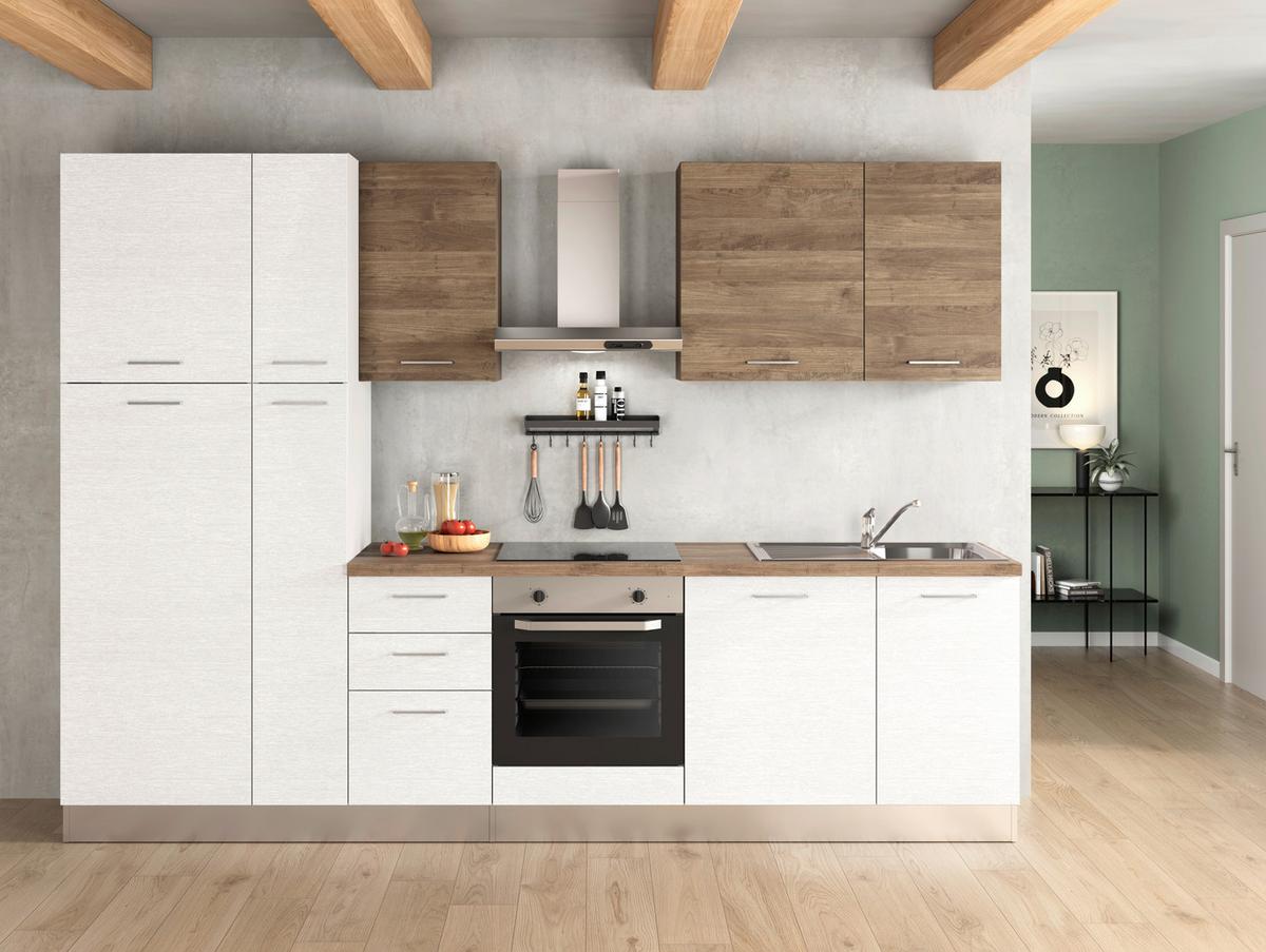 Küchenblock Dafne 300 m. Geräten Weiß/Walnussfarben - Walnussfarben/Alufarben, LIFESTYLE, Holzwerkstoff/Kunststoff (300cm) - MID.YOU