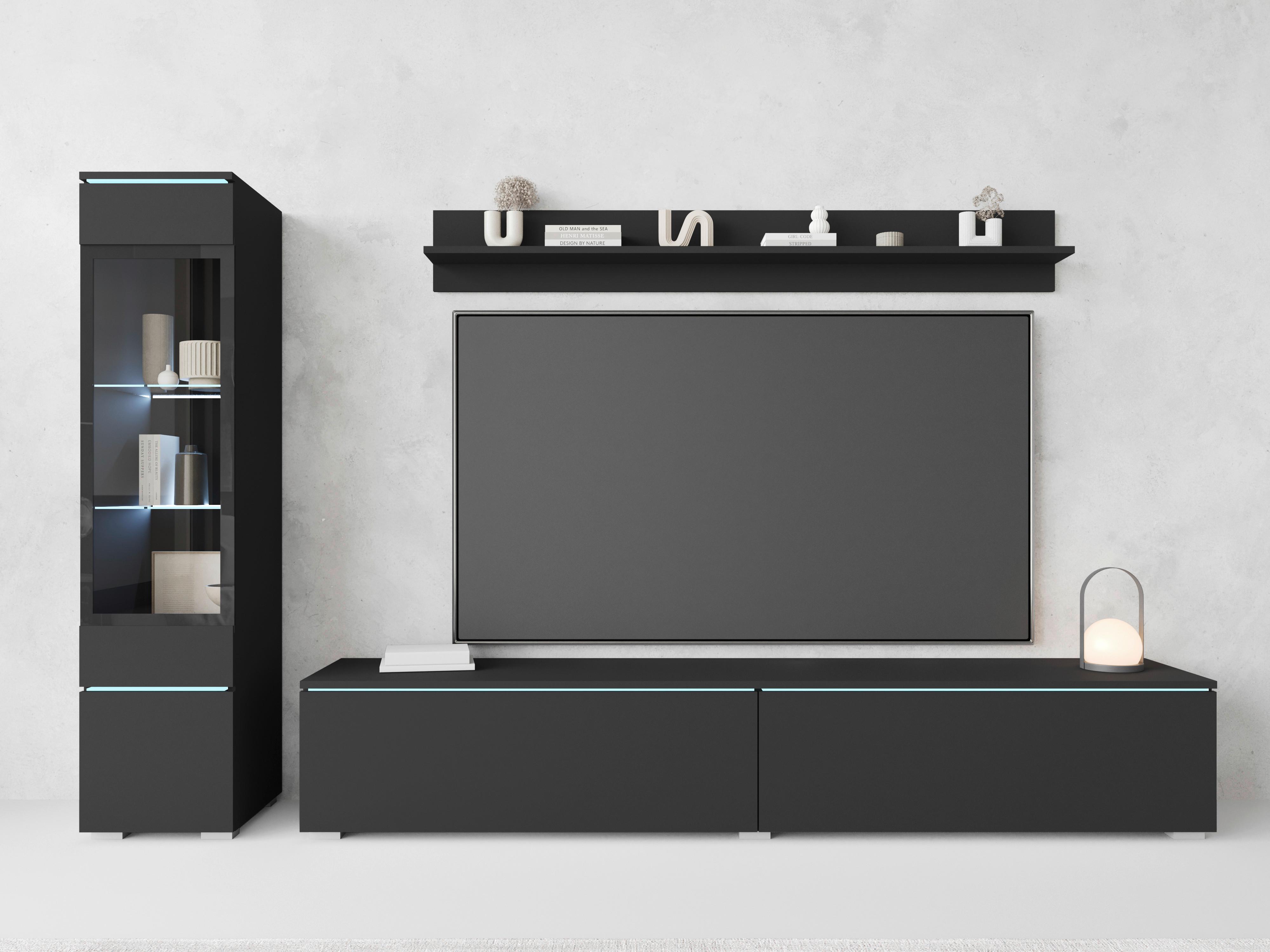 Dnevni Regal Vera, Črna, 3-Delno, Led - črna/siva, Basics, umetna masa/steklo (210/130/33cm) - P & B