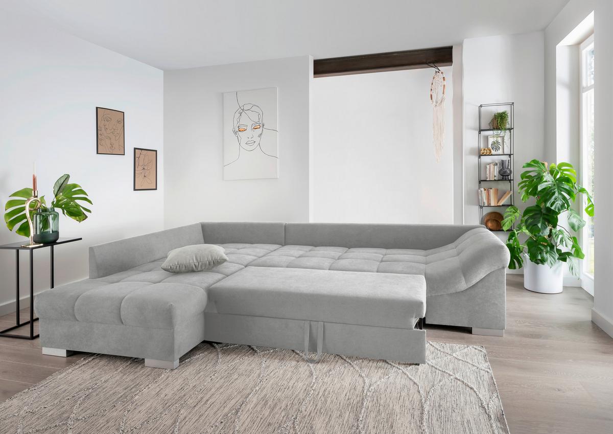 Wohnlandschaft Alvito Hellgrau Nylon/Mikrofaser - Silberfarben/Hellgrau, Design, Holz/Textil (202/298cm) - MID.YOU