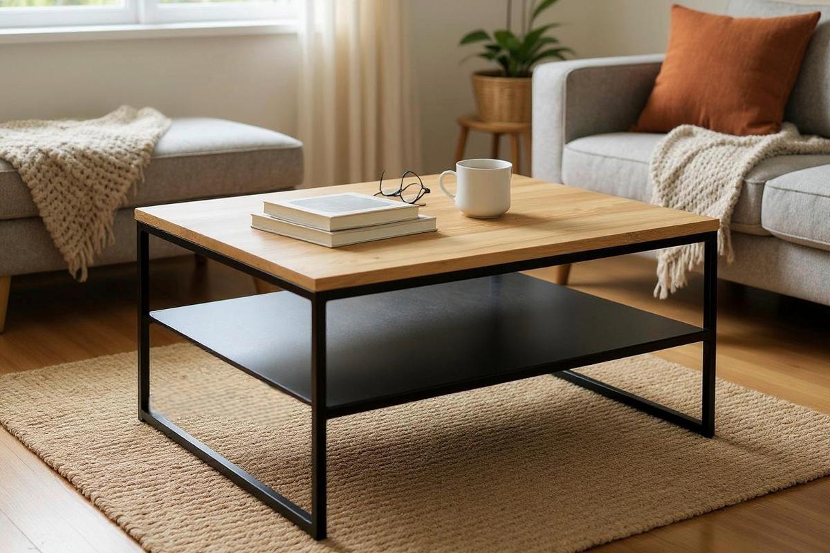STOLIK KAWOWY SACRAMENTO - kolor dębowy/czarny, Design, metal/drewno (70/70/40cm)