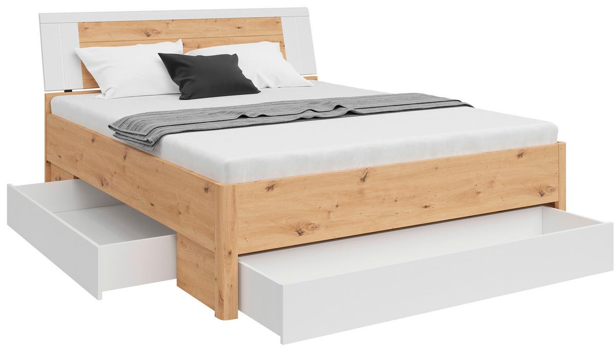 Stauraumbett in Weiss/Eichefarben - Weiss/Eiche Artisan, Konventionell, Holzwerkstoff (160/200cm) - Mömax
