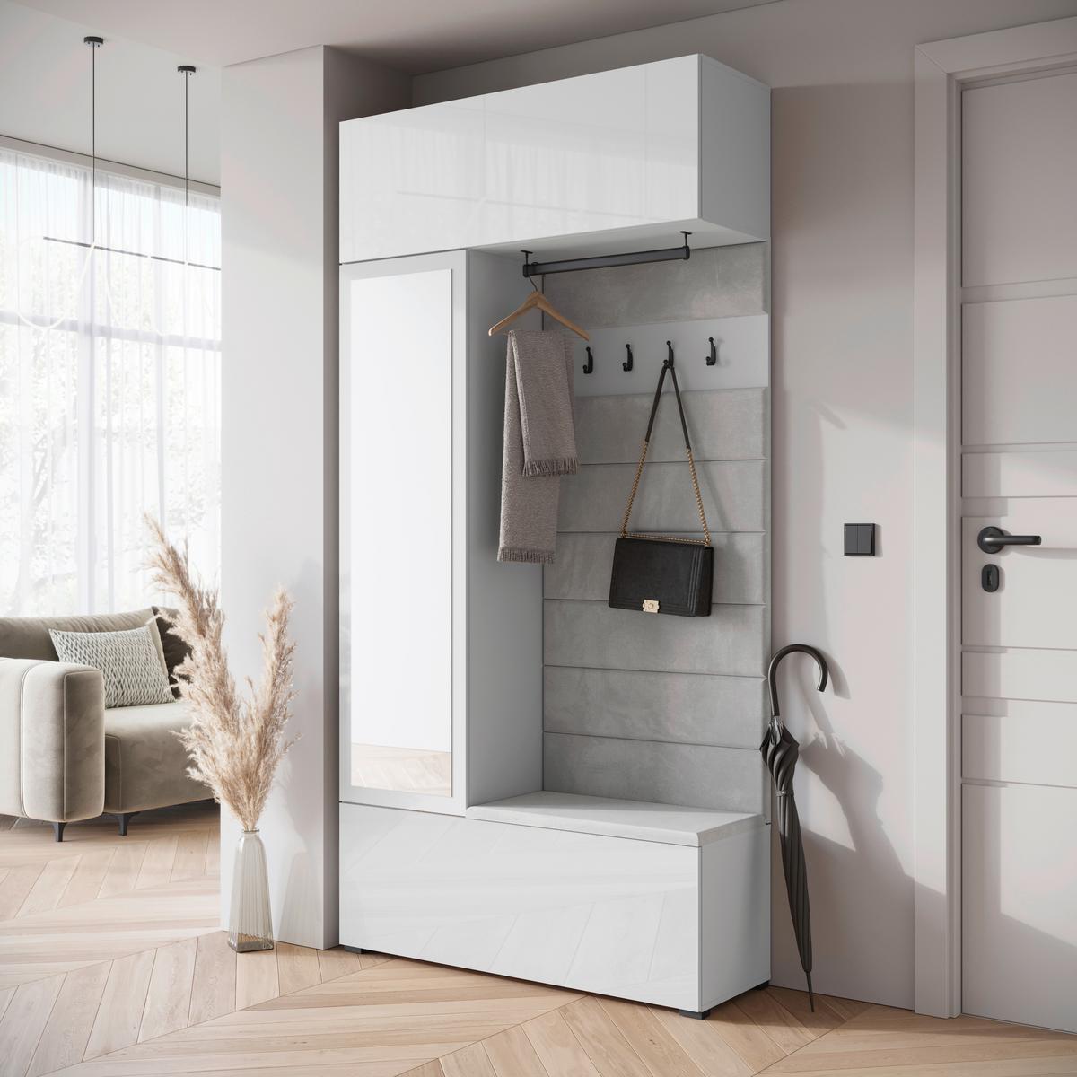 Garderobe Tejo ca. 115x232 cm Weiß hgl. - Weiß Hochglanz/Weiß, Trend, Holzwerkstoff (115/231,9/37,5cm) - Livetastic