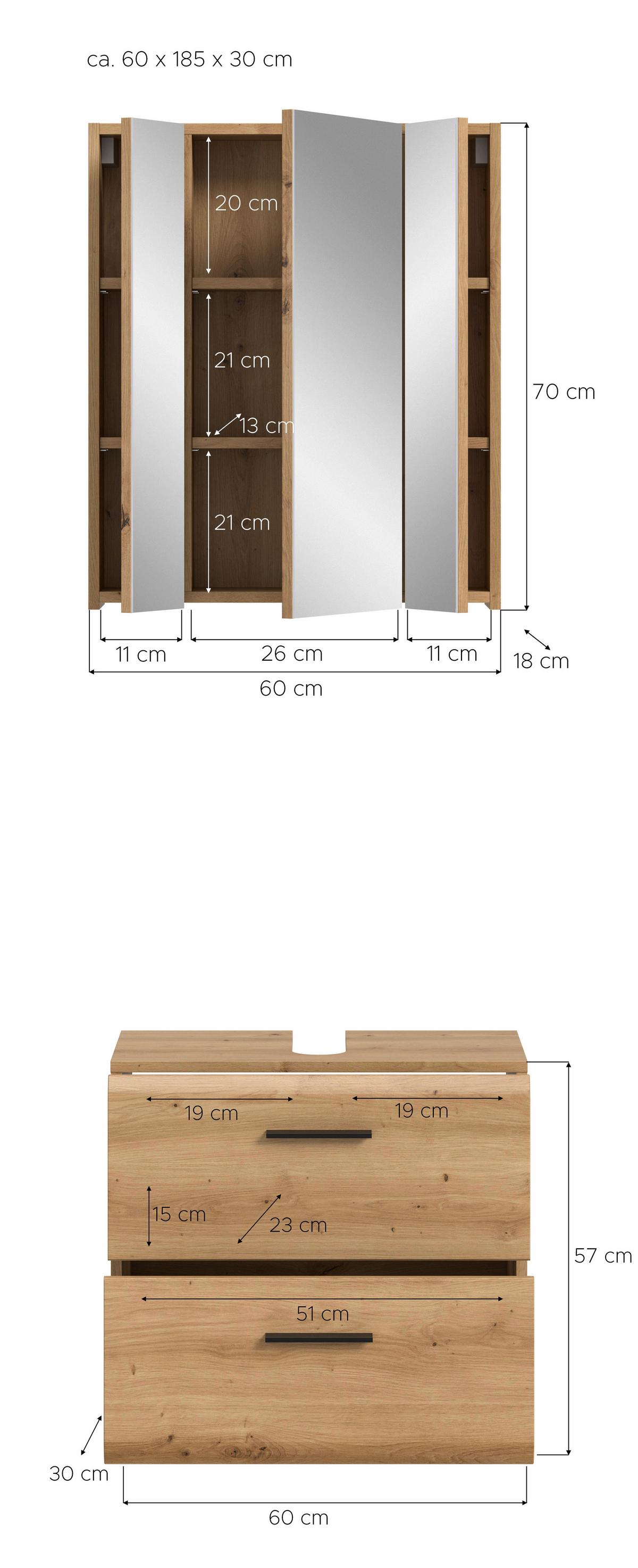 Badezimmer Ice Eiche Artisan 2-teilig - Schwarz/Eiche Artisan, Trend, Glas/Holzwerkstoff (60cm) - MID.YOU