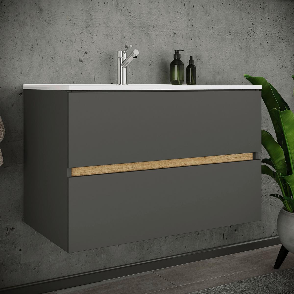 Badezimmer Cosila - Honigeiche/Weiss, Trend, Keramik/Holzwerkstoff (81/51/47cm) - MID.YOU