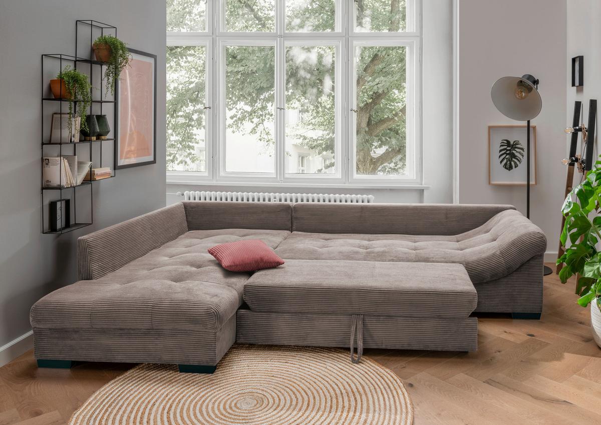 Sedežna Garnitura Alvito, Rjava, Siva, Ležišče - rjavosiva/barve korale, Design, tekstil/les (202/298cm) - Modern Living
