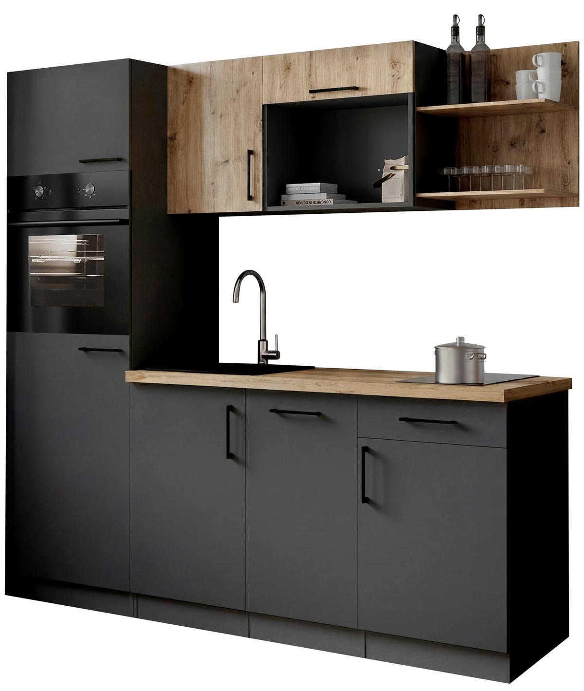 Küchenblock Oliver m. Geräten Grau - Eiche Artisan/Grau, Trend, Holzwerkstoff/Metall (205cm) - Respekta