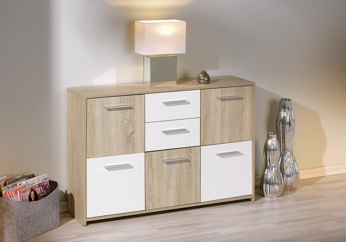 Kommode Elvezia Weiß/Eiche - Weiß/Sonoma Eiche, Basics, Holzwerkstoff/Kunststoff (115/77/30cm) - MID.YOU