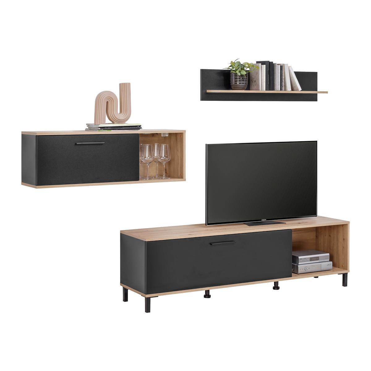 Wohnwand Vida Schwarz/Eiche Artisan - Schwarz/Eiche Artisan, Basics, Holzwerkstoff/Kunststoff (255/165/40cm) - Based