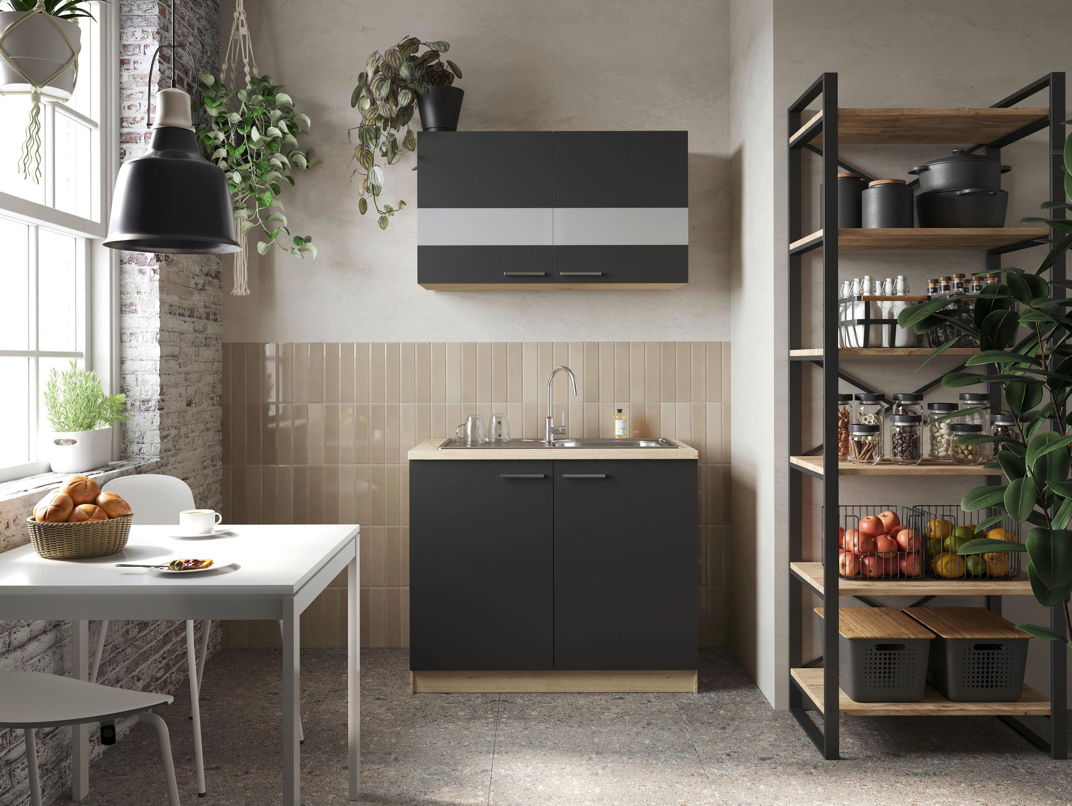 Majhna Kuhinja Merle, 100cm - srebrne barve/črna, Basics, kovina/steklo (100cm) - Respekta