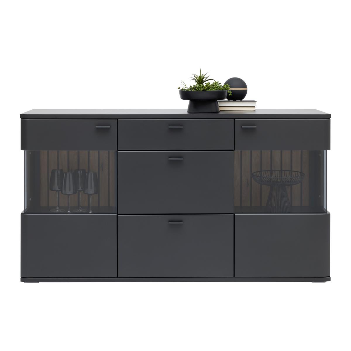 Sidebaord Carreto Schwarz/Eichefarben - couleur de chêne/noir, Modern, verre/métal (160/90/44cm) - Premium Living