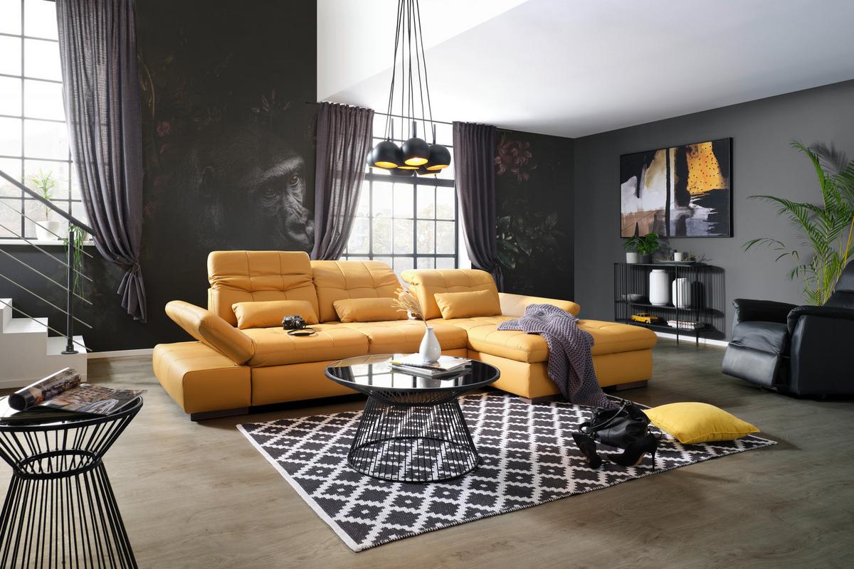 Ledersofa in Gelb mit Bettfunktion - Currygelb/Chromfarben, Konventionell, Leder/Metall (305/199cm) - Premium Living