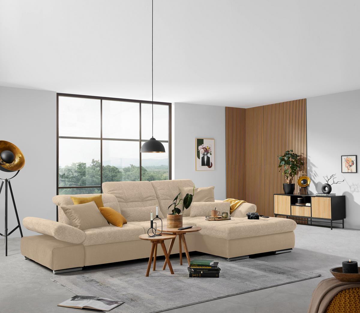 Wohnlandschaft Sanfino Beige - Chromfarben/Beige, KONVENTIONELL, Holz/Textil (305/79-96/199cm) - Premium Living