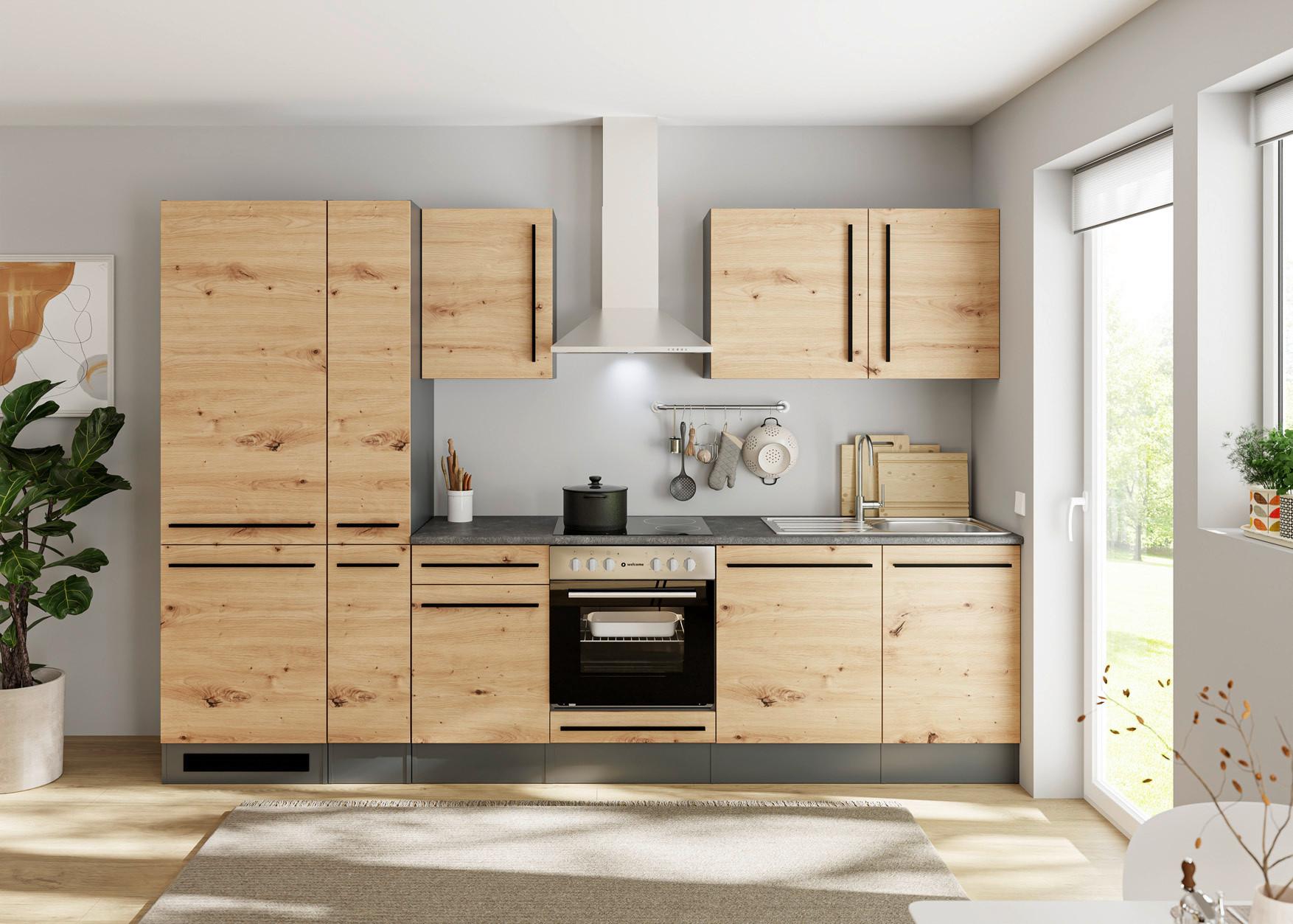 Küchenblock Jazz mit Geräten ca.310cm Eiche/Anthrazit - Anthrazit/Schwarz, LIFESTYLE, Holzwerkstoff/Kunststoff (310cm) - P & B
