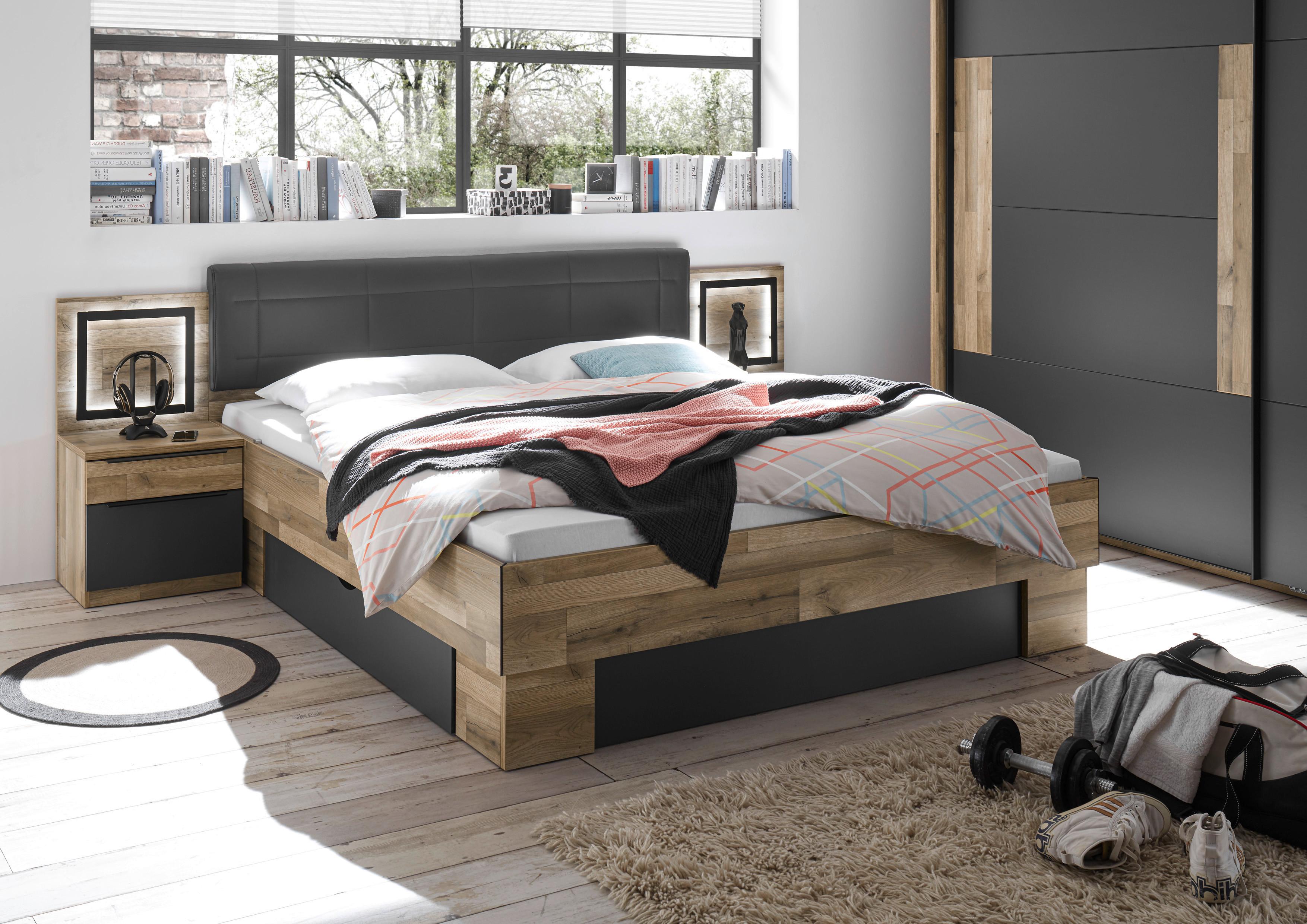 Krevet James - boje grafita/boje hrasta, Konvencionalno, drvni materijal/tekstil (180/200cm) - Premium Living