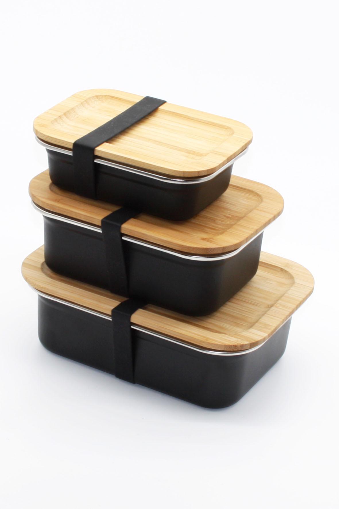 Lunchdosen-Set Ivar, 3-teilig - Schwarz/Naturfarben, MODERN, Holz/Metall (19,3/10/14,3cm) - Premium Living