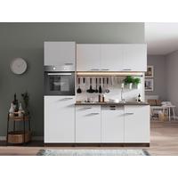 Küchenblock Oliver mit Geräten ca. 205 cm Weiß - Eichefarben/Alufarben, Basics, Holzwerkstoff/Kunststoff (205cm) - Respekta