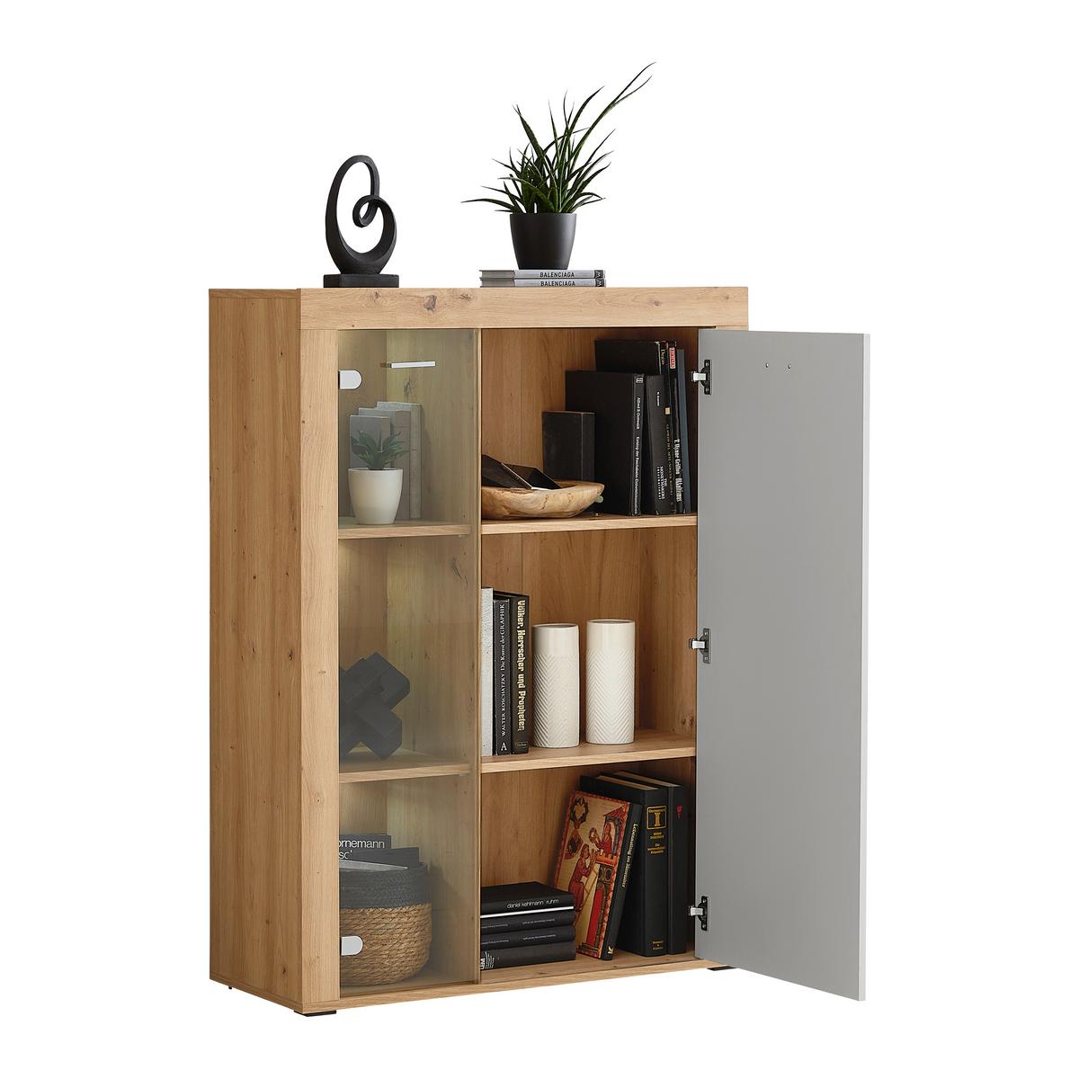Comodă înaltă CANBERRA - Modern, sticlă/material pe bază de lemn (90/123,1/34,8cm) - Modern Living