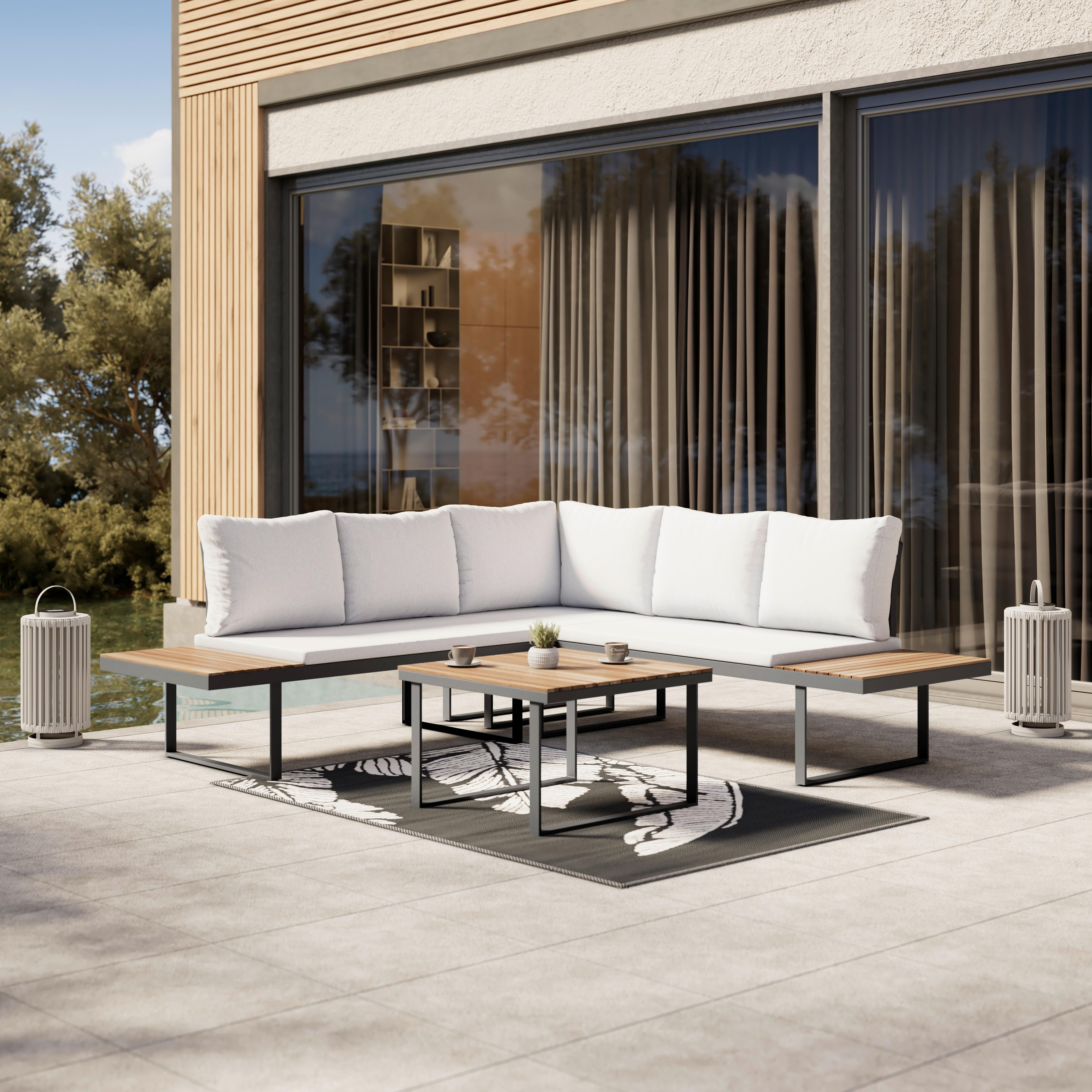 Loungegarnitur Elia Grau Outdoorstoff/Metall/Holz - Hellgrau, MODERN, Holz/Textil (236,5/75/236,5cm) - Bessagi Garden