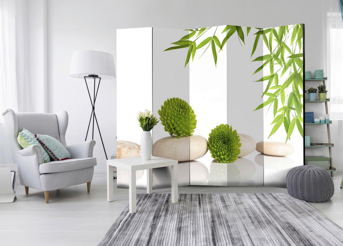 Paravent Green Relax II Grün/Weiß - Weiß/Grün, Basics, Holz/Textil (225/172/3cm) - artgeist