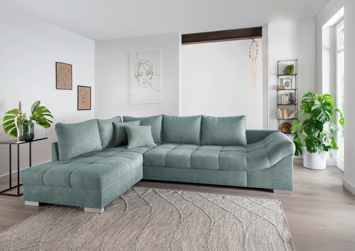 Wohnlandschaft Alvito Mintgrün Nylon/Mikrofaser - Silberfarben/Mintgrün, Design, Holz/Textil (202/298cm) - MID.YOU