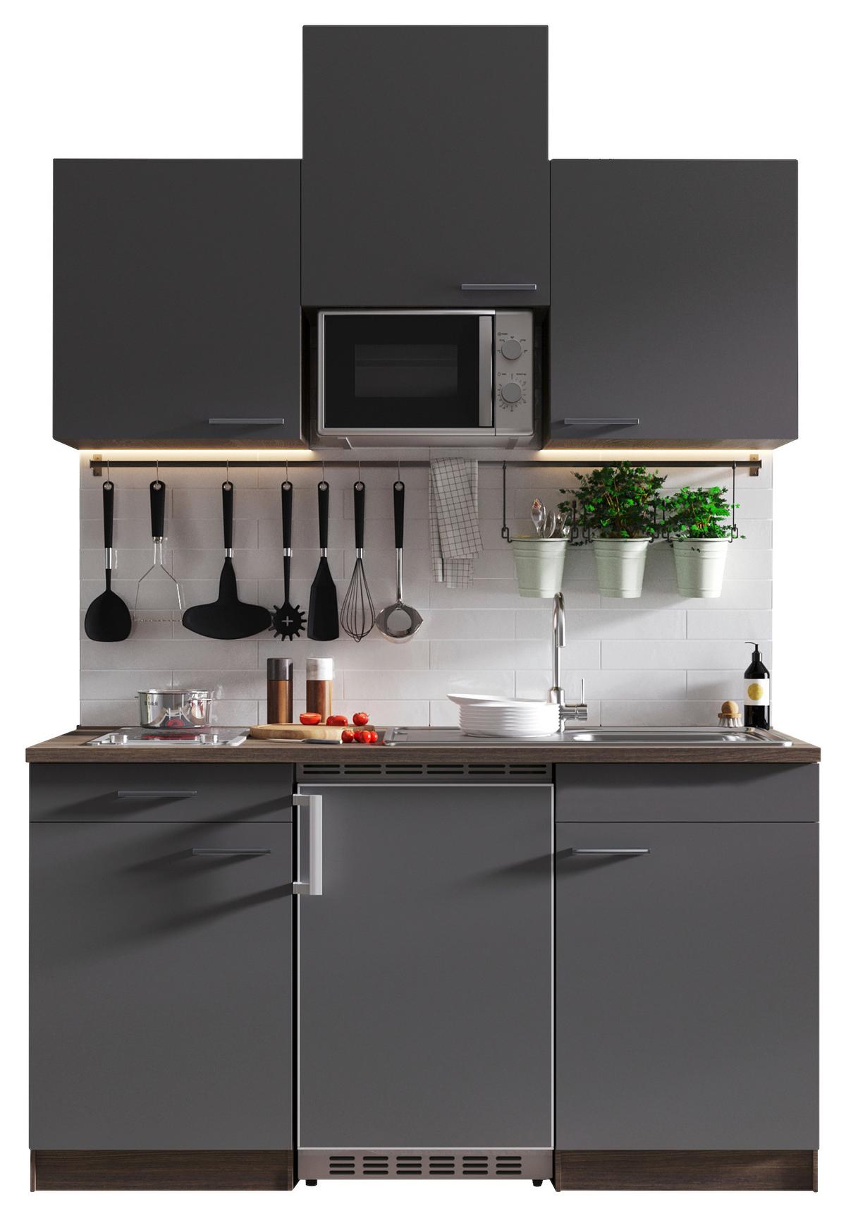 Miniküche Oliver mit Geräten ca. 150 cm Grau - Eichefarben/Alufarben, Basics, Holzwerkstoff/Kunststoff (150cm) - Respekta