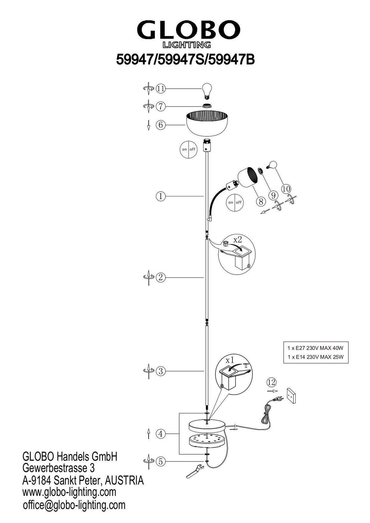 Podna Svjetiljka Hinton - bijela/crna, Design, metal/plastika (26/178,7cm) - Globo