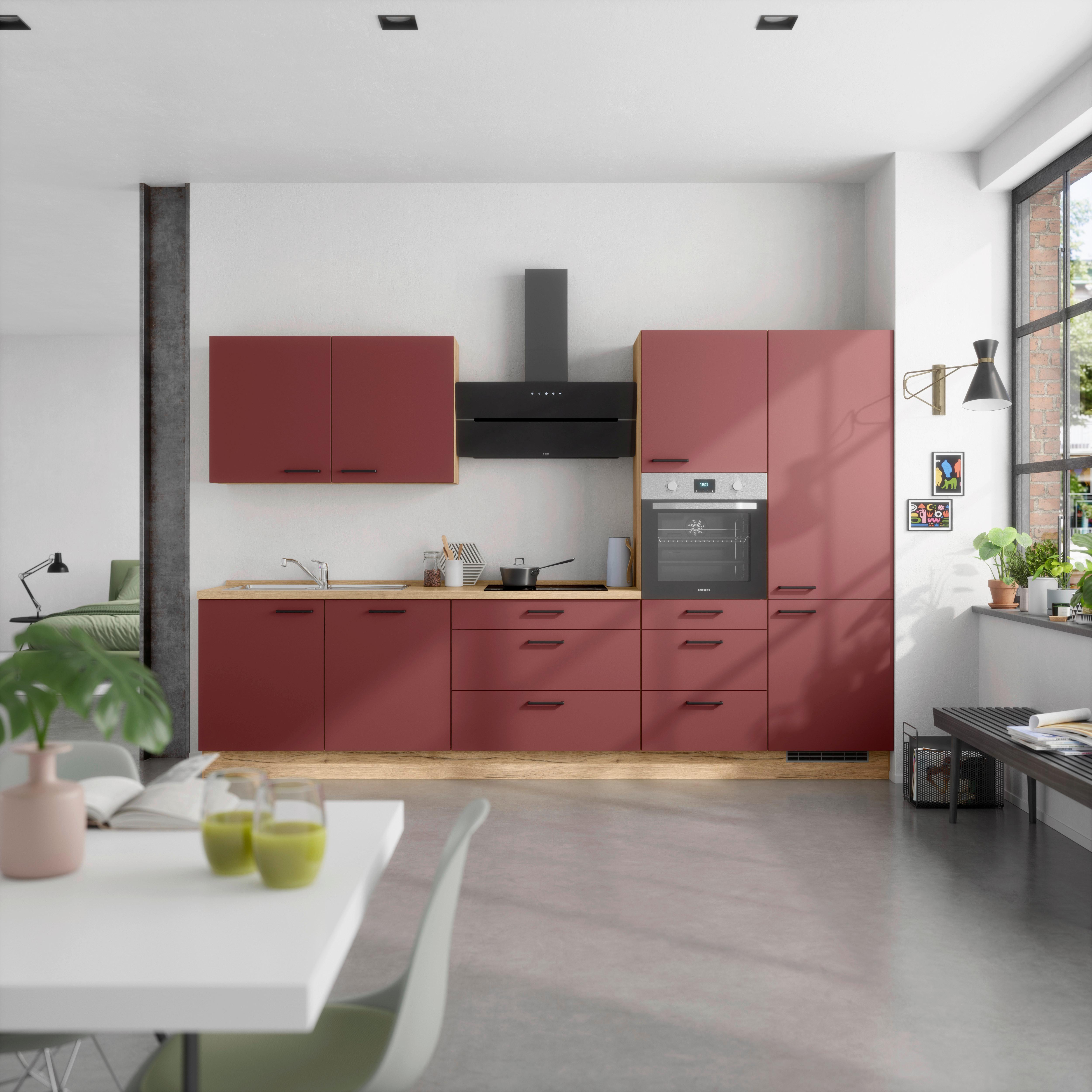 Küchenblock Easytouch High m. Geräten Dunkelrot - Eichefarben/Schwarz, MODERN, Holzwerkstoff/Metall (330cm) - Nobilia