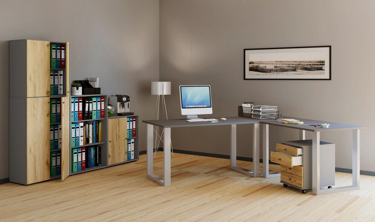 Kotna Pisalna Miza Srebrna, 160x130cm - srebrne barve/antracit, Design, kovina/leseni material (160/130/76cm) - MID.YOU