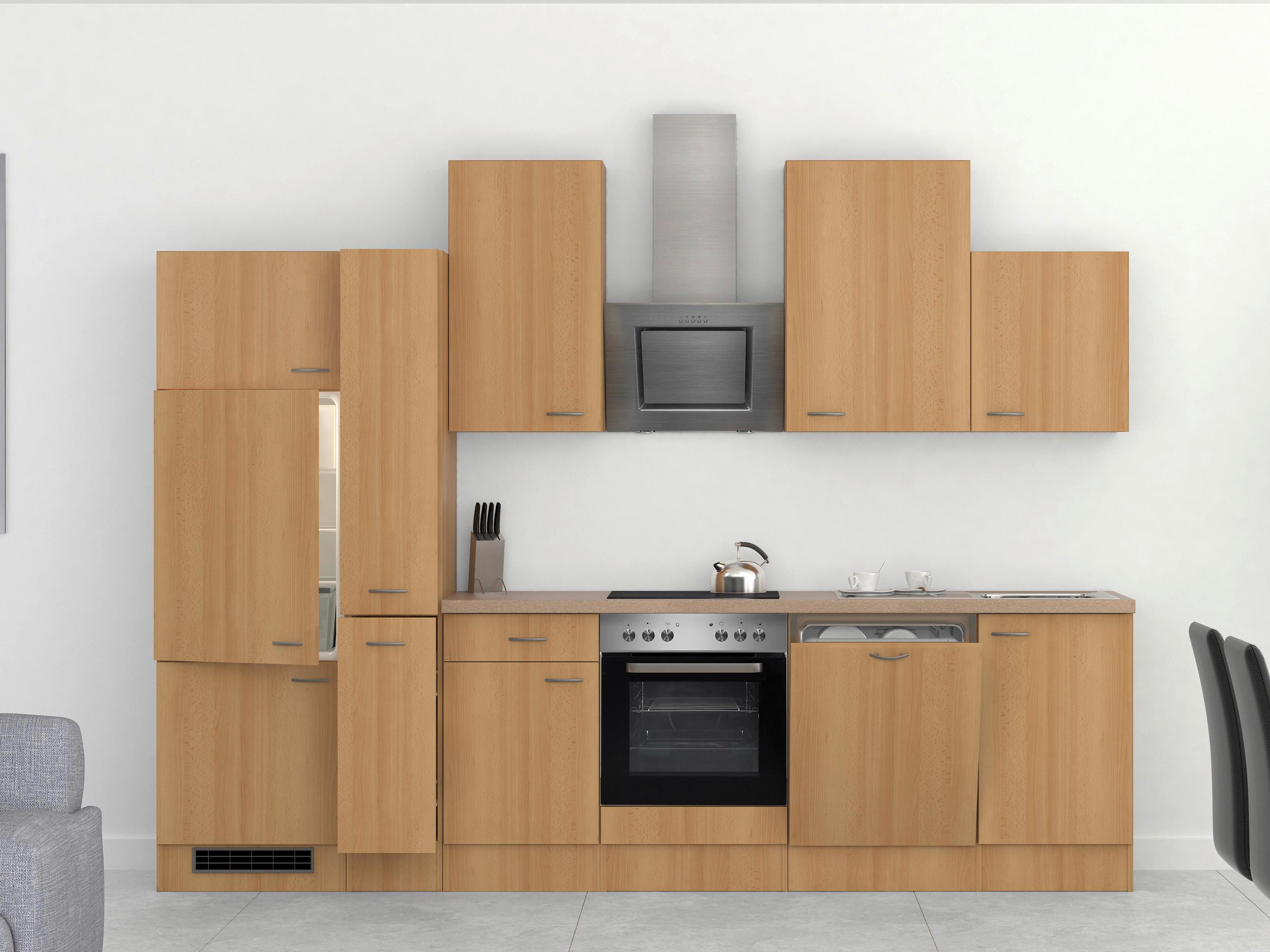 Küchenblock in Buche inkl. Geräte und Spüle 'Nano' - Edelstahlfarben/Beige, MODERN, Holzwerkstoff/Kunststoff (310cm) - FlexWell