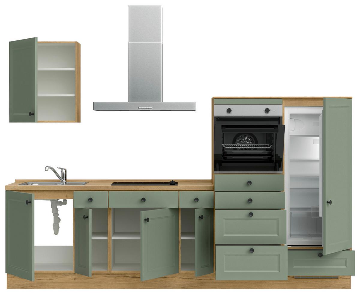 Küchenblock Cascada Low m. Geräten Schilfgrün - Schilfgrün/Eichefarben, MODERN, Holzwerkstoff/Metall (300cm) - Nobilia