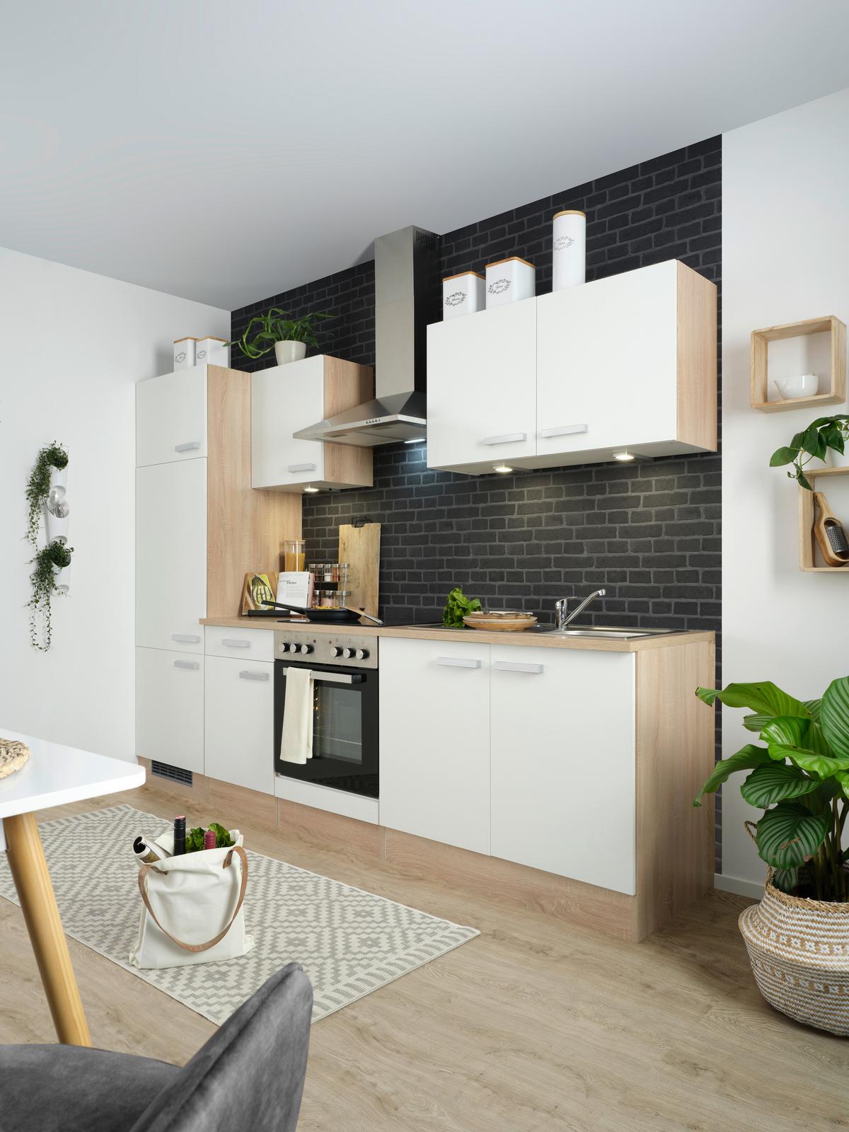 Küchenblock Lexa ohne Geräte Weiß/Eichefarben - Eichefarben/Alufarben, MODERN, Holzwerkstoff/Kunststoff (270cm) - Based