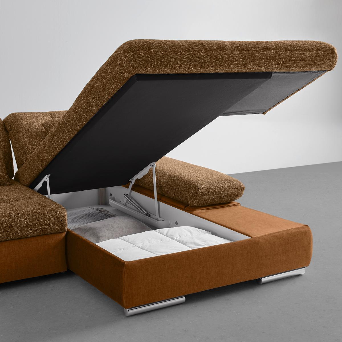 Wohnlandschaft Sanfino Cognac/Senfgelb - Chromfarben/Cognac, KONVENTIONELL, Holz/Textil (305/79-96/199cm) - Premium Living