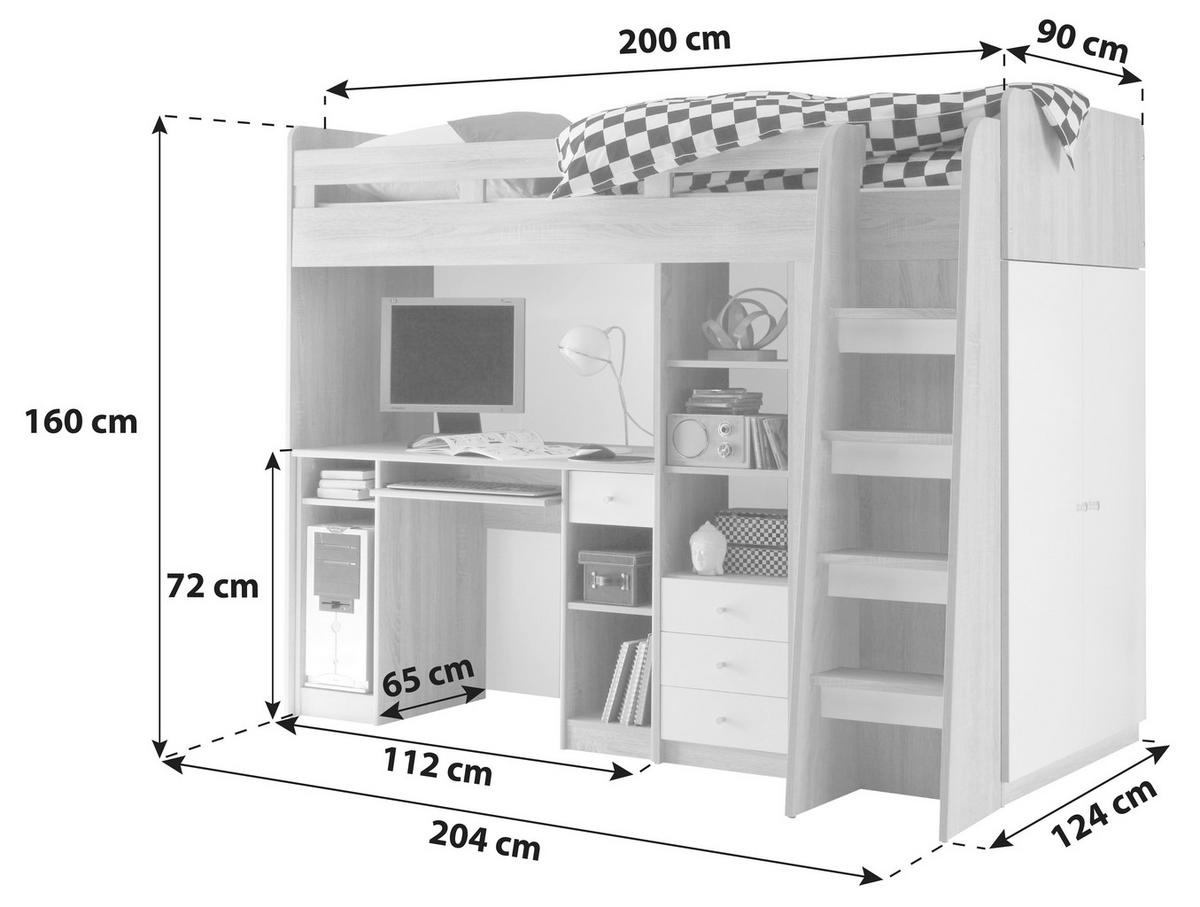 Visoka Postelja Unit, Bela, 90x200, Višina 160 Cm - bela, Moderno, leseni material (90/200cm) - MID.YOU