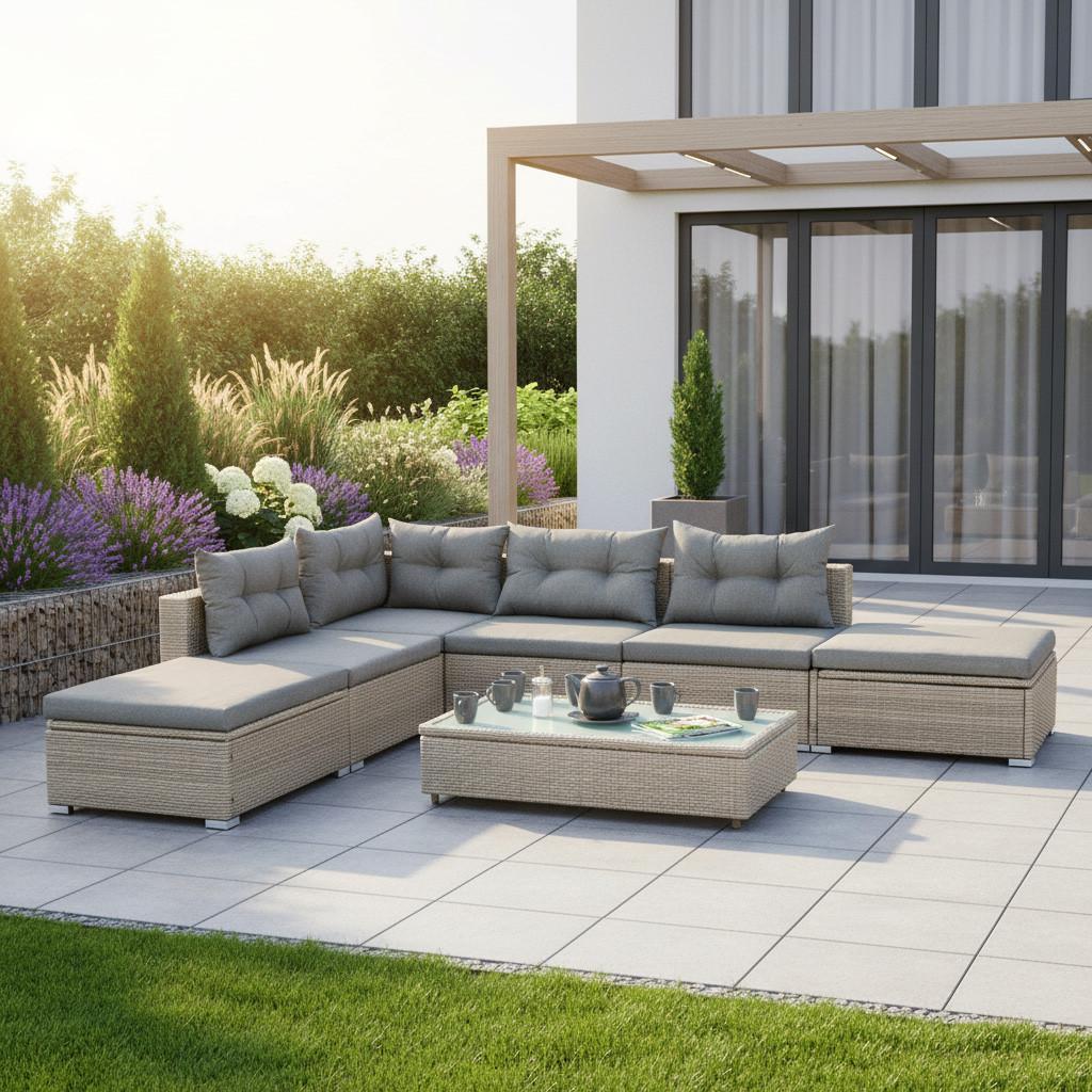 Loungegarnitur Vilemanzano in Naturfarben - Naturfarben/Grau, MODERN, Glas/Kunststoff - Gardenson