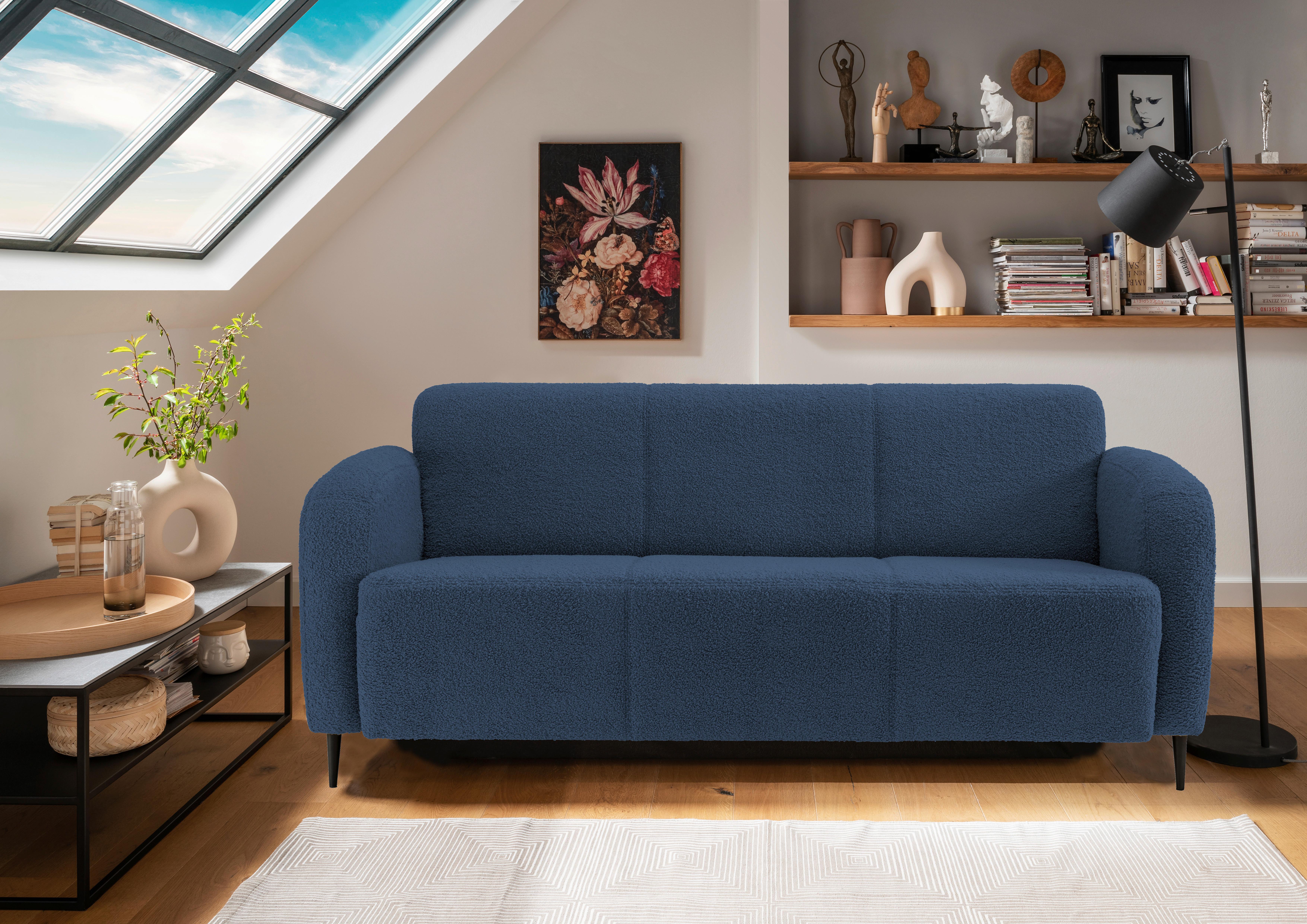 3-Sitzer-Sofa Marone Blau Teddystoff - Blau/Schwarz, MODERN, Textil/Metall (180/76/90cm) - Livetastic