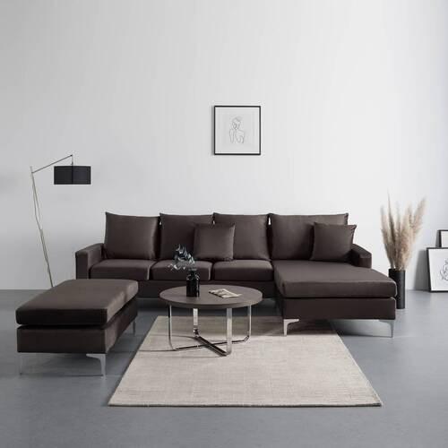 Wohnlandschaft Alondra Braun Webstoff mit Hocker - Edelstahlfarben/Braun, MODERN, Holz/Textil (287/182/80cm) - Bessagi Home