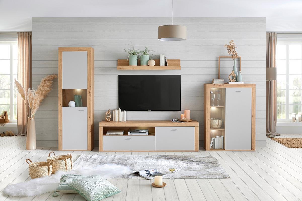Comodă înaltă CANBERRA - Modern, sticlă/material pe bază de lemn (90/123,1/34,8cm) - Modern Living